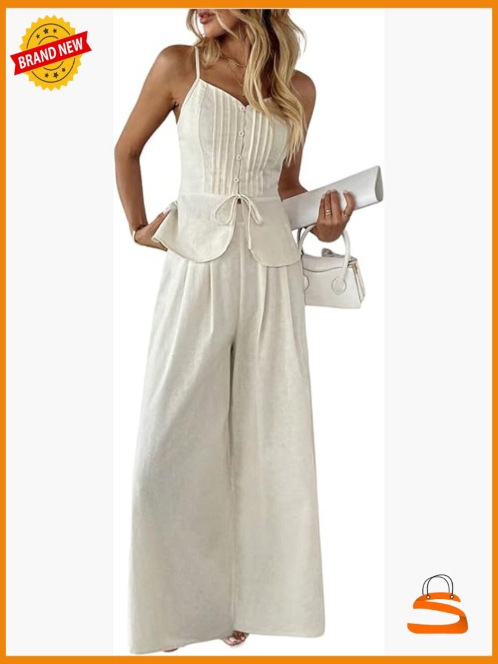 2 Piece Summer Outfit Button Down Cami Top & Wide Leg Pant Set